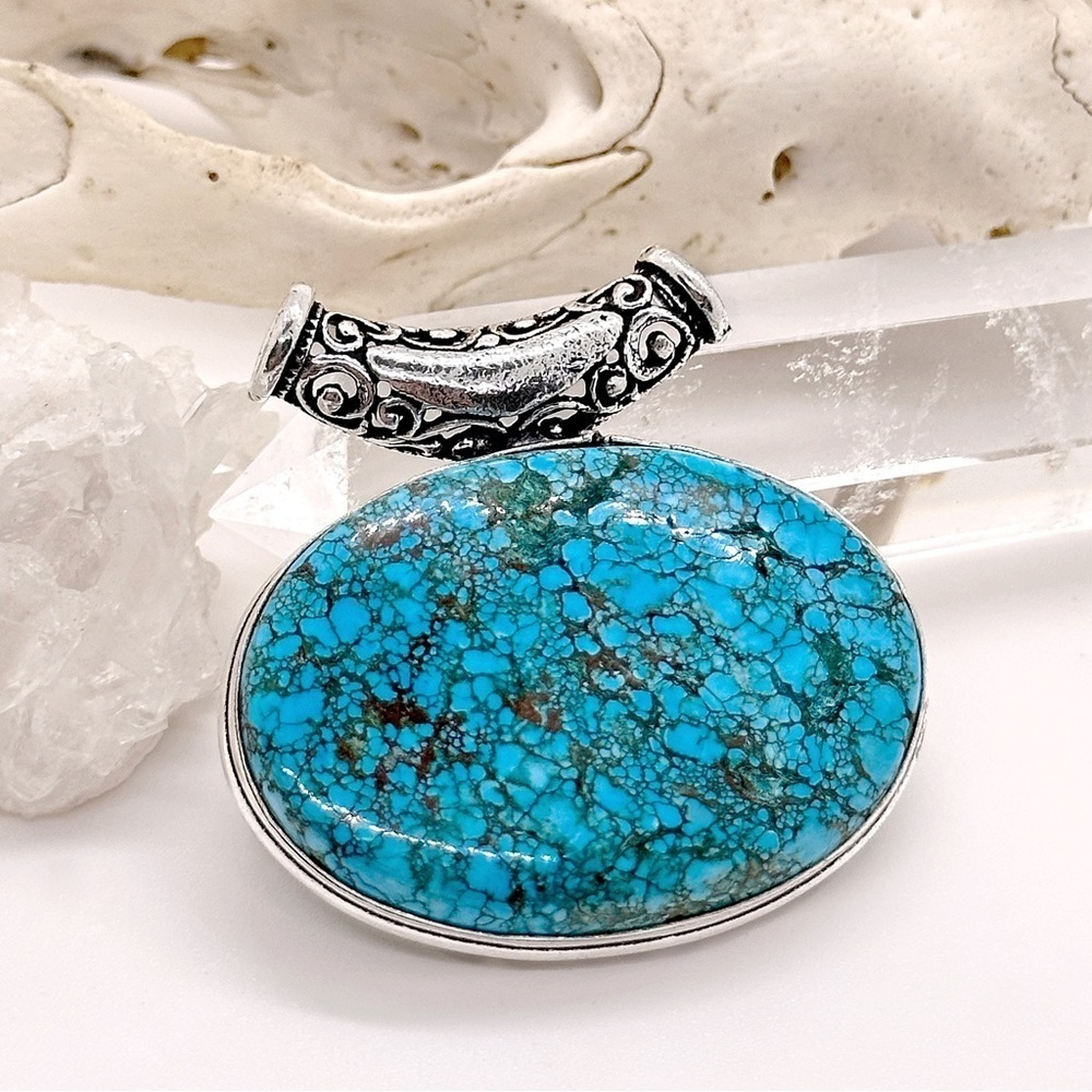 LARGE Turquoise Silver Handmade Pendant Necklace